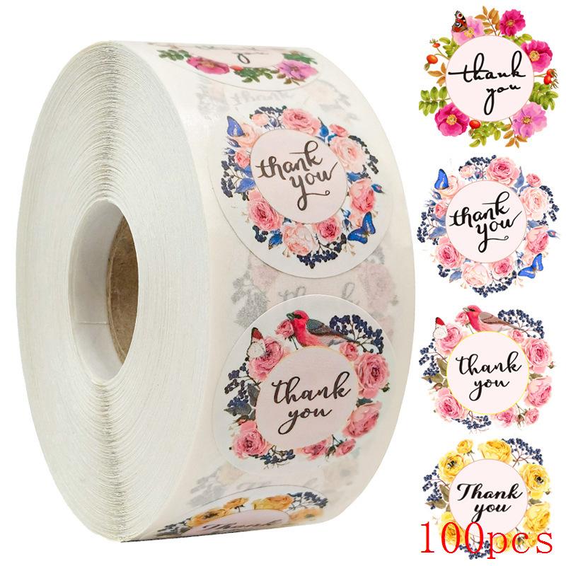 50-500Pcs 1'' Paper Hand Made Stickers Round Floral Thank You Stickers For Baking Envelope Business Seal Labels Sticker