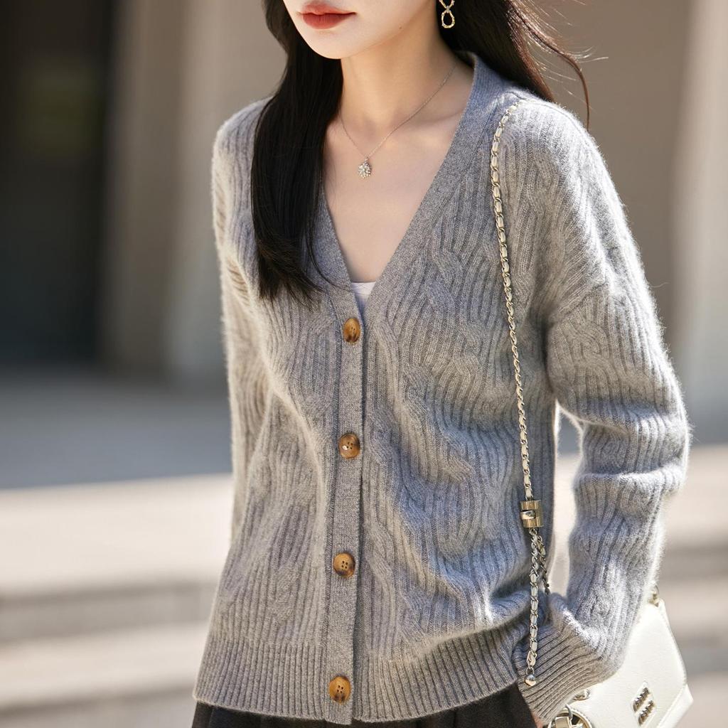 2025 Autumn/Winter Women's V-Neck Wool Cardigan - Loose, Solid Color, Long Sleeve Knit Sweater