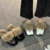 Baotou Half Slippers for Women To Wear 2024 New Autumn and Winter French Fashion Flat-bottomed Fluffy Slippers with Skirts and Shoes