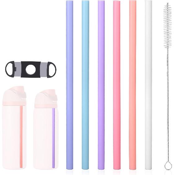 6pcs Replacement Straws for Owala FreeSip 24oz 32oz, 6 Colors Reble Plastic Straws with Cleaning Brush & Cutting Tool Water Bottle Tumbler
