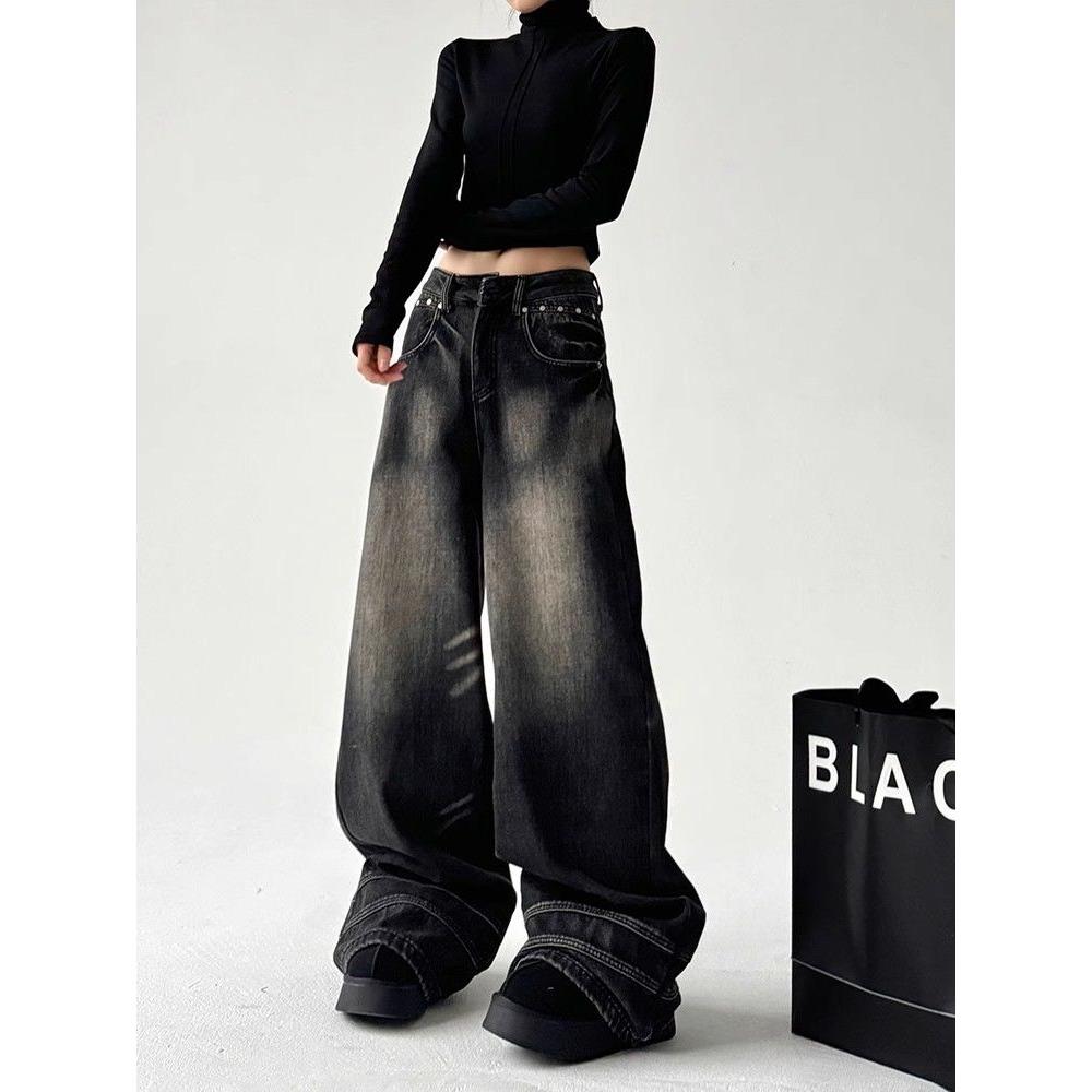 Винтажные черные широкие джинсы женские свободные уличные корейские модные мешковатые джинсовые брюки Y2k женские хип-хоп