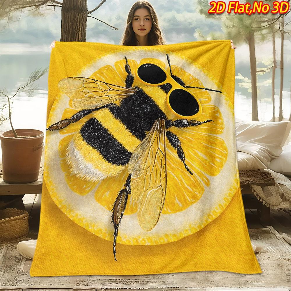 1pc Bee & Lemon Slice Throw Blanket with Fashion Glasses Bee - Soft Flannel Quilted Bedspread Suitable for All Seasons, Machine Washable Cozy Bedding