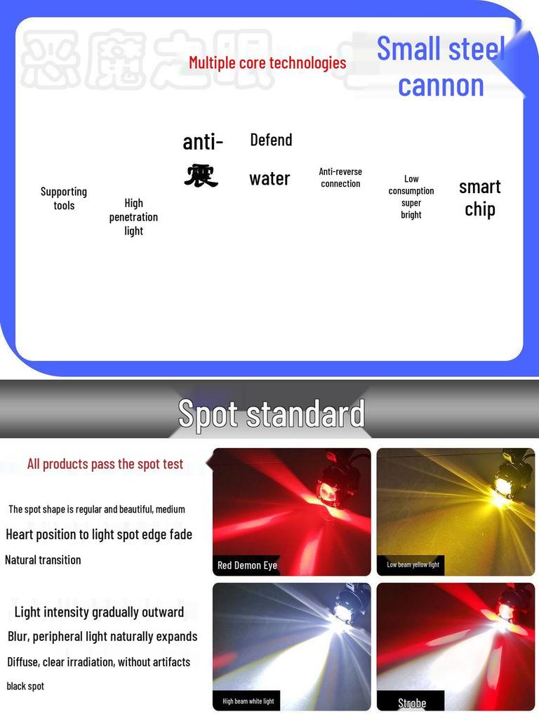 Светодиодный мотоциклетный прожектор высокой интенсивности с дьявольским глазом - Суперяркий, Четырехцветный стробоскоп, Дальний/Ближний свет