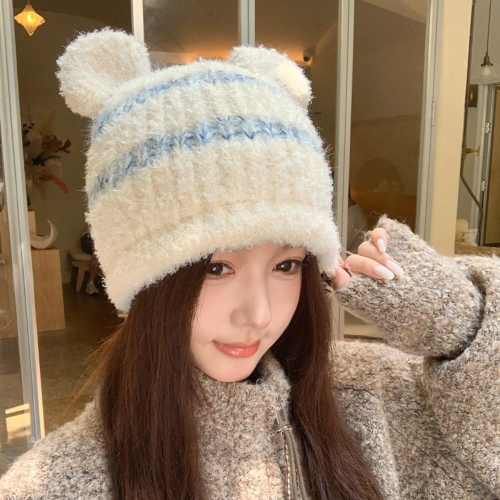 Ear Protection Striped Beanie Hat Polyester Bear Ear Earflap Beanie Warm Winter Hat For Women