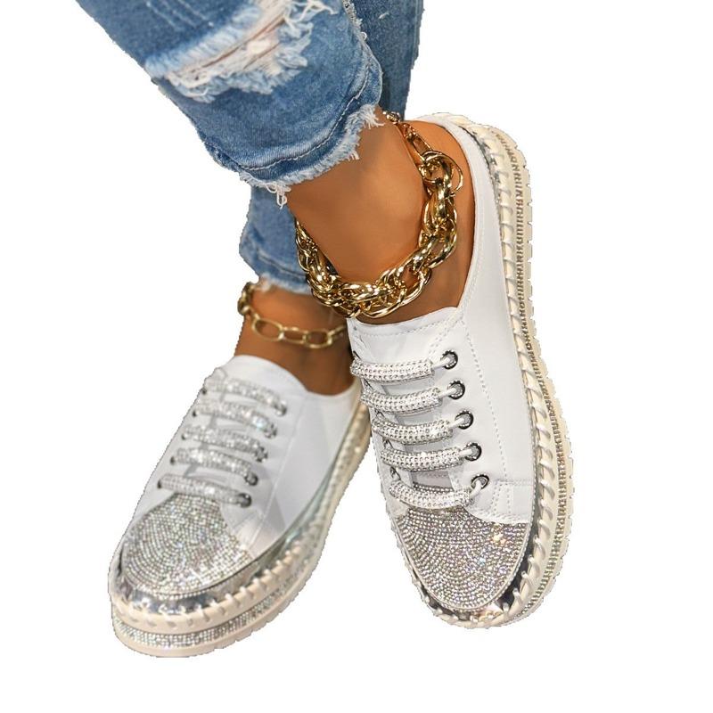 Igh Hels Spring and Summer Muffin Platform Casual Shoes Women's Round Head Rhinestone Shoes Half Slippers Women's Shoes