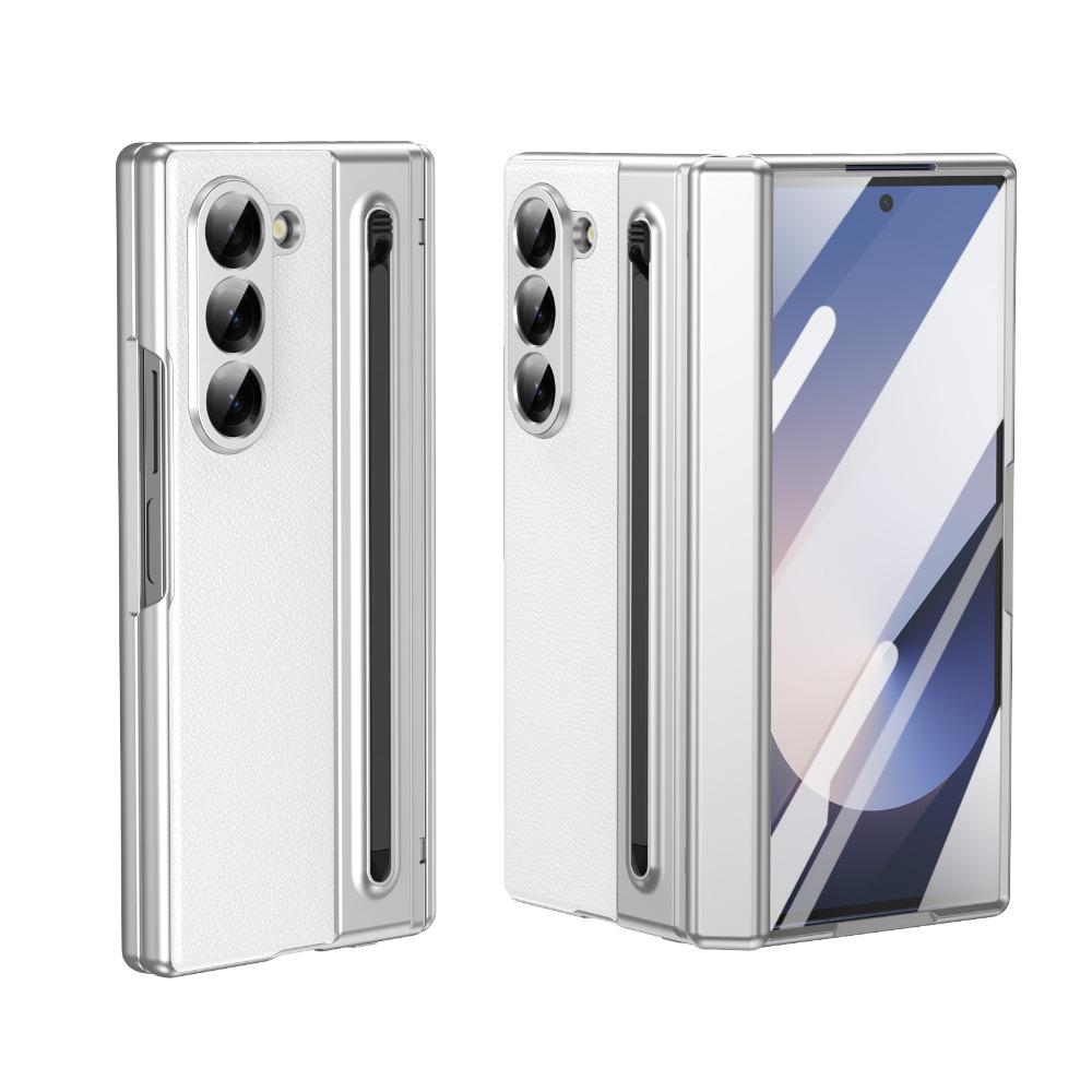 Leather Glass Film Pen Slot with Pen Phone Case for Samsung Galaxy Z Fold 6 5 4 3 Fold6 Fold5 Hinge Protection Shockproof Cover
