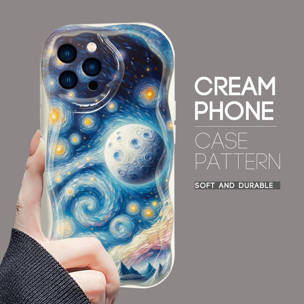 For iPhone 16 15 14 13 12 Pro Max Samsung S24 Ultra S23 S22 Plus Redmi Note 13 Pro Painting Starry Night Sunset Cream Texture Soft Silicone Case