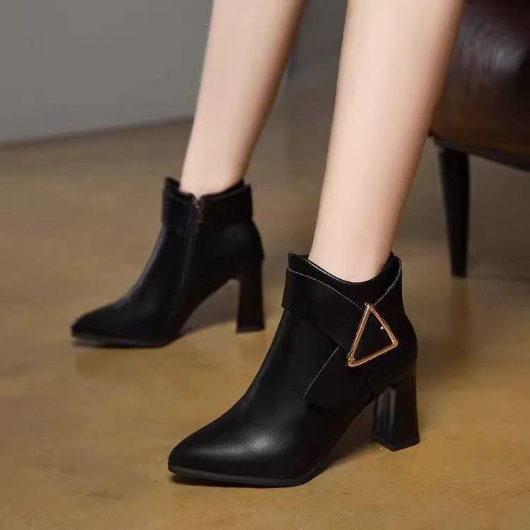 Delicate buckle foreign high-heeled light-mouth boots women's trend versatile high-heeled velvet short boots are popular