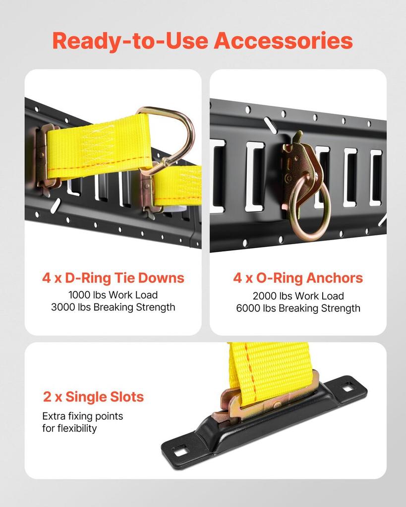 E-Track Tie-Down Rail Kit, 4 Pack 0.6 m E Track Rails, 20 Pcs Includes 2 Ratchet Straps & 4 O-Rings & 4 Tie-Offs with D-Ring & 2 Single Slots & 8 End