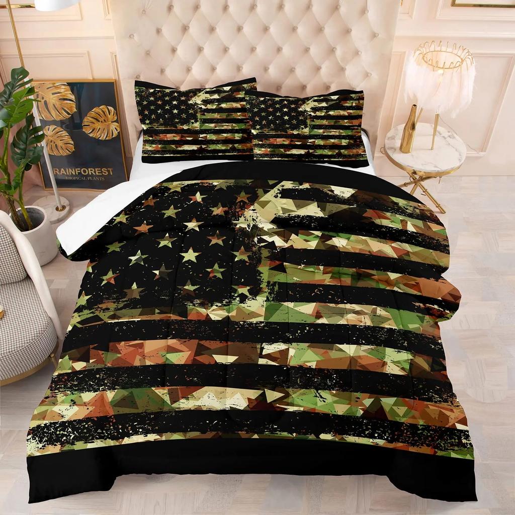 Grey Camo Comforter Bedding Set Full Size, Camouflage Army Design Bedding Collections For Kid Boy, Soft All-Season Bed Set