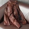 Vintage Genuine Leather Jacket for Men Distressed Short Slim Fit Stand Collar Biker Coat