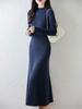 Elegant French Long Knitted Wool Dress for Women - Half High Neck, Slimming, Warm Base, Long Skirt