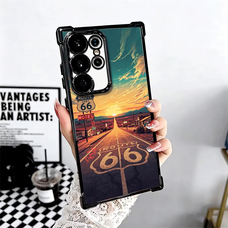 America Route 66 Plating Phone Case For Samsung Galaxy S24 S25 FE S26 Edge S23 Ultra S22 S21 Plus S20 Anti-Fall Airabag Cover