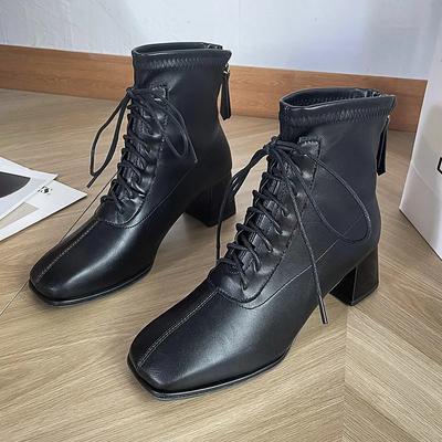 2024 Лидер продаж, удобные женские ботинки, квадратный носок, ботинки до середины голени для женщин, толстые женские ботинки со шнуровкой спереди в британском стиле