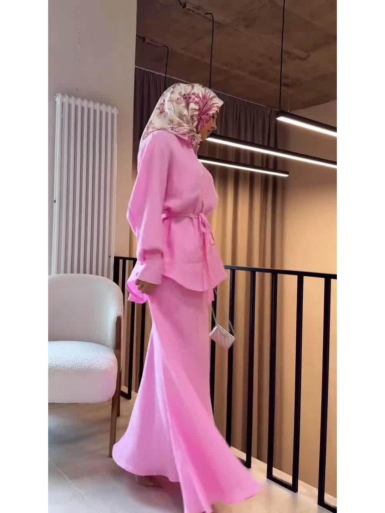 Элегантный летний женский комплект свободного платья с длинным рукавом 2025