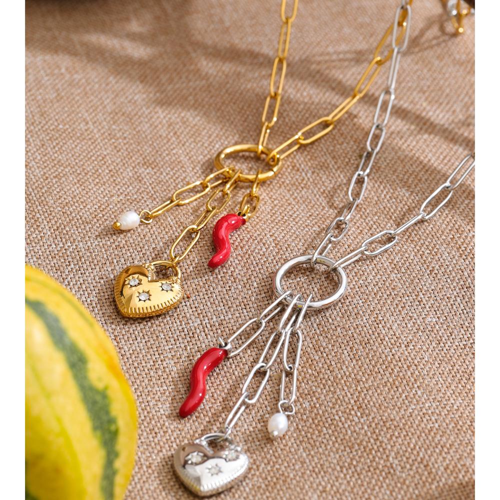 Yhpup New Style Natural Pearl Zirconia Heart Chili Drop Chain Charm Necklace Stainless Steel Fashion Waterproof Pendant Jewelry