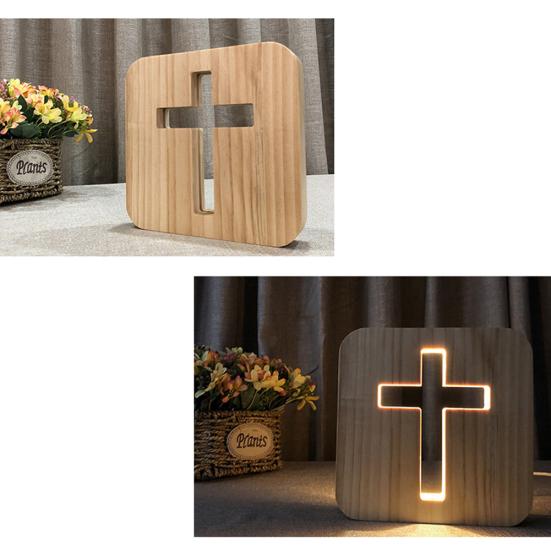 Desktop 3D Wooden LED Night Light Cross USB Table Lamp Home Decoration Gift