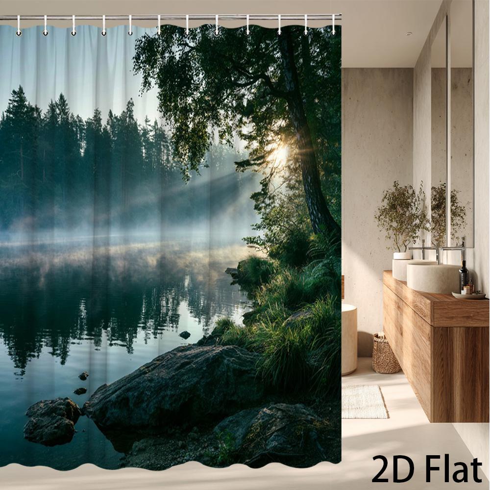 Misty Forest Lake Shower Curtain Waterproof Fabric Bathroom Decor Sunrise Through Trees Scenic Nature Bath Curtain With Hooks