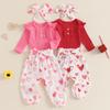 Baby Girls Valentine's Day Pants Sets Long Sleeve O Neck Romper Heart Print Pants Headband Sets