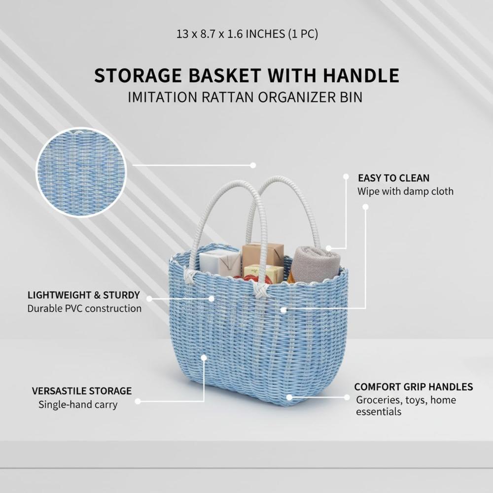 Imitation Rattan Storage Basket with Handle, Durable PVC Organizer Bin for Groceries, Picnics, and Home Essentials