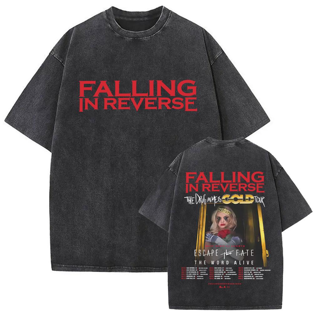 Стирка Винтаж Рок-группа Falling in Reverse Принт Скелета Футболка Мужчины Женщины Ретро Готика Панк Футболки Хлопок Оверсайз Футболка