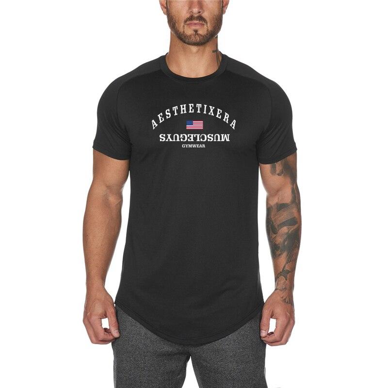 Muscleguys, летняя одежда, мужская спортивная повседневная футболка для фитнеса, быстросохнущая, дышащая и крутая, с короткими рукавами