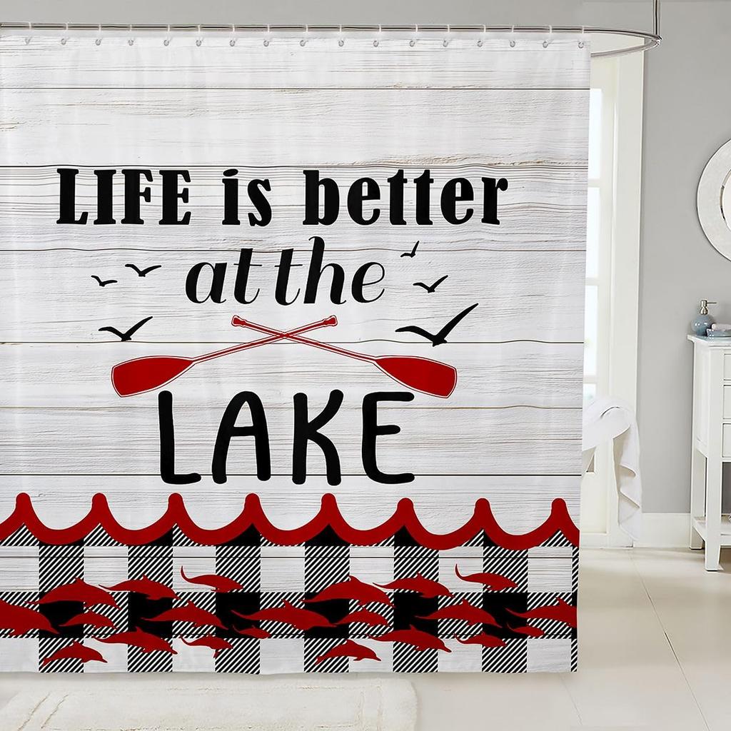 Lake Paddle Bath Curtain Country Lake Life Decor Bathroom Accessories for Adults Women,Checked Plaid Ocean Waves Shower Curtain