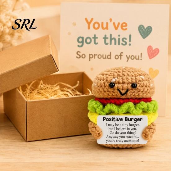 Small Knitted Ornament for Home Decor Handmade Crochet Positive Burger Doll with Encouragement Card, Mini Inspirational Ornament, Healing Gift Friends