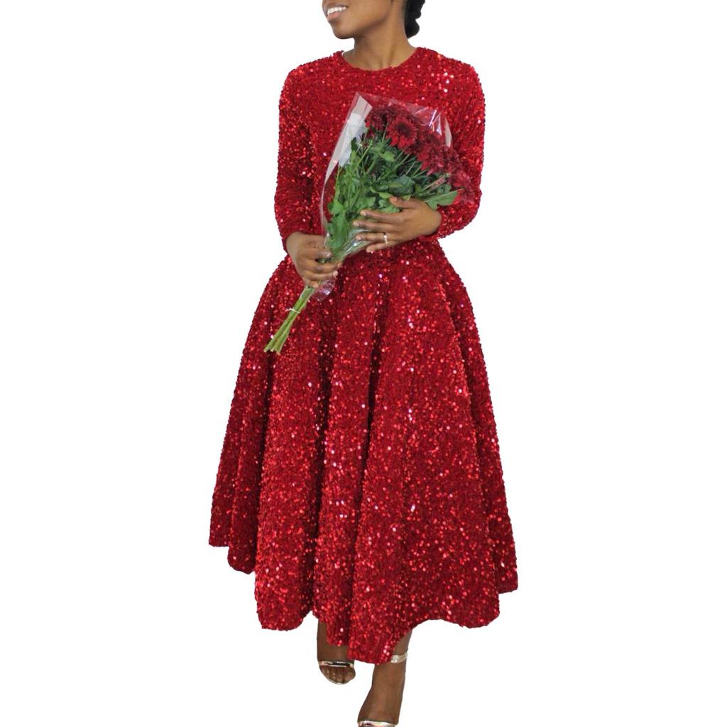 Женское длинное платье с круглым вырезом и высокой талией, с пайетками - европейский и американский стиль