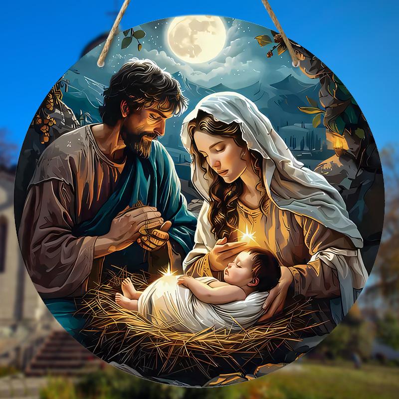 5pcs Religious Figure Born Nativity Scene Wooden Sign - Round Wall Hanging Decor for Place of Worship Door, Perfect Nazarene Gift