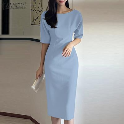 Женское повседневное платье-футляр с круглым вырезом и коротким рукавом