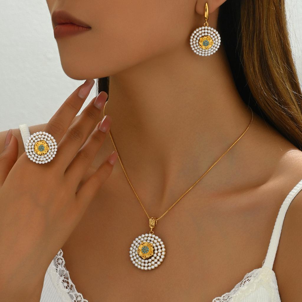 Простой геометрический стиль комплект украшений универсальный инкрустированный жемчугом ожерелье кольцо дизайн универсальные серьги женщины