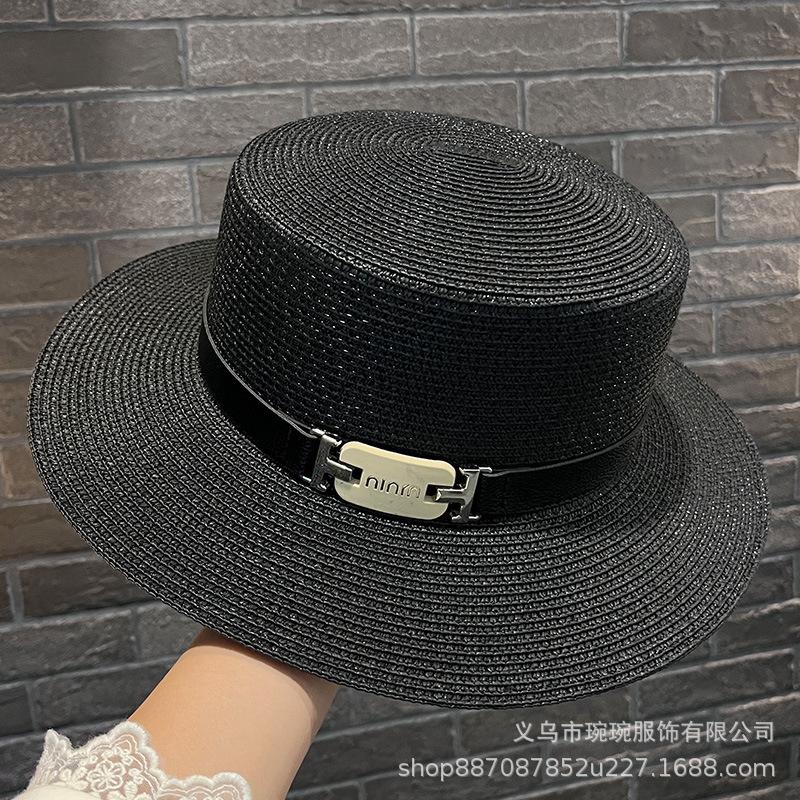 French retro straw hat women's sunshade sunscreen summer hat sun hat belt buckle outdoor woven Hepburn top hat