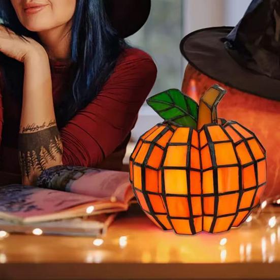 Витражный тыквенный фонарь ручной работы, тыквенная лампа на Хэллоуин, стеклянный декор «Звездная ночь», комнатное осеннее украшение