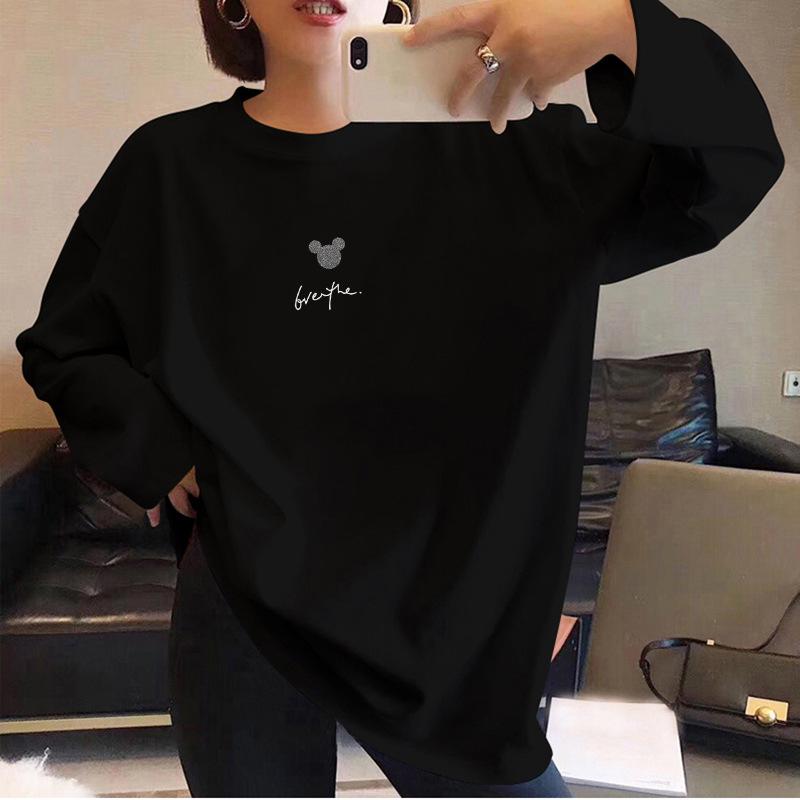 Девичья хлопковая футболка свободного кроя с длинным рукавом - Черная, Модный весенне-осенний топ, Универсальный студенческий стиль.