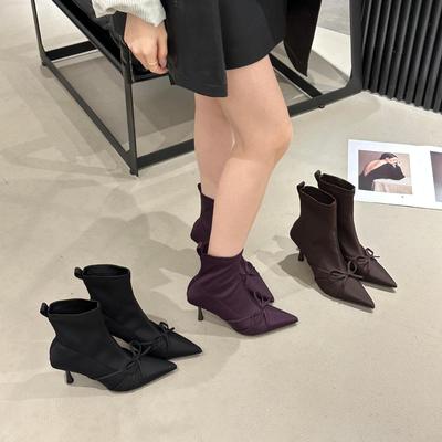 Сапоги на высоком каблуке с острым носком и бантом, женские короткие сапоги, Европа, Америка 2025 осень и зима, новые сапоги, весенне-осенние одинарные сапоги, тонкие женские сапоги