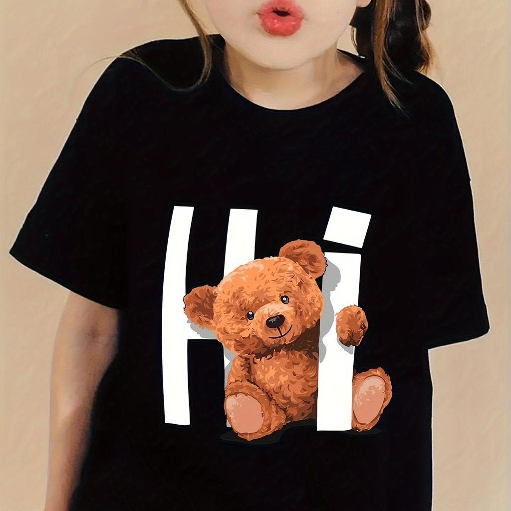 Креативные футболки с графическим принтом «Мультяшный кот и медведь», удобная футболка с круглым вырезом и коротким рукавом, детская одежда, летние топы для девочек