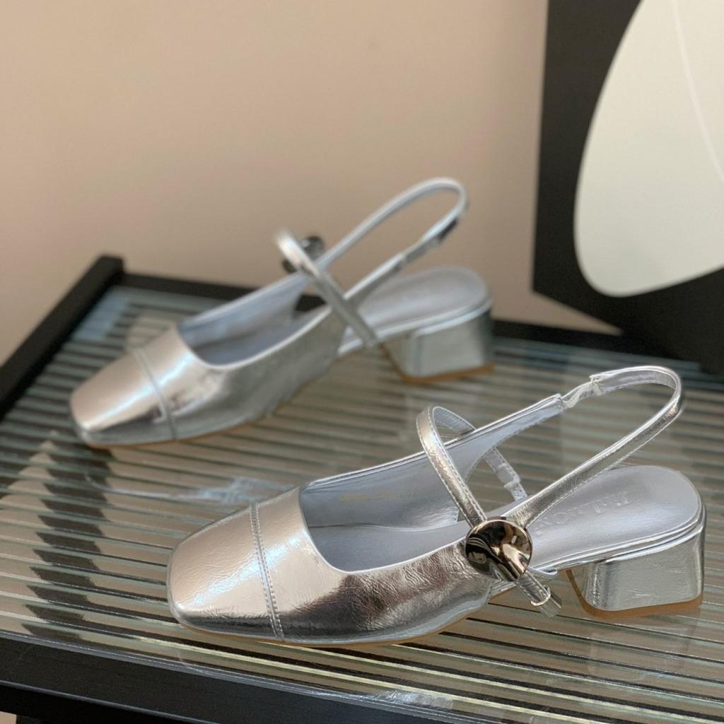 Thick Heel Square Head Silver Mary Jane Shoes Women'S Bag Head Sandals Summer Fairy Style Temperament Empty Single Shoes