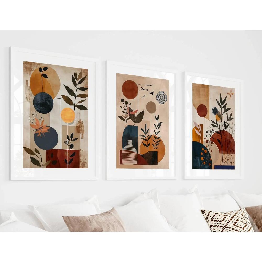Boho Mid-Century Botanical Canvas Wall Art Set, Abstract Geometric Vase Prints, Minimalist Living Room Bedroom Home Decor Gifts