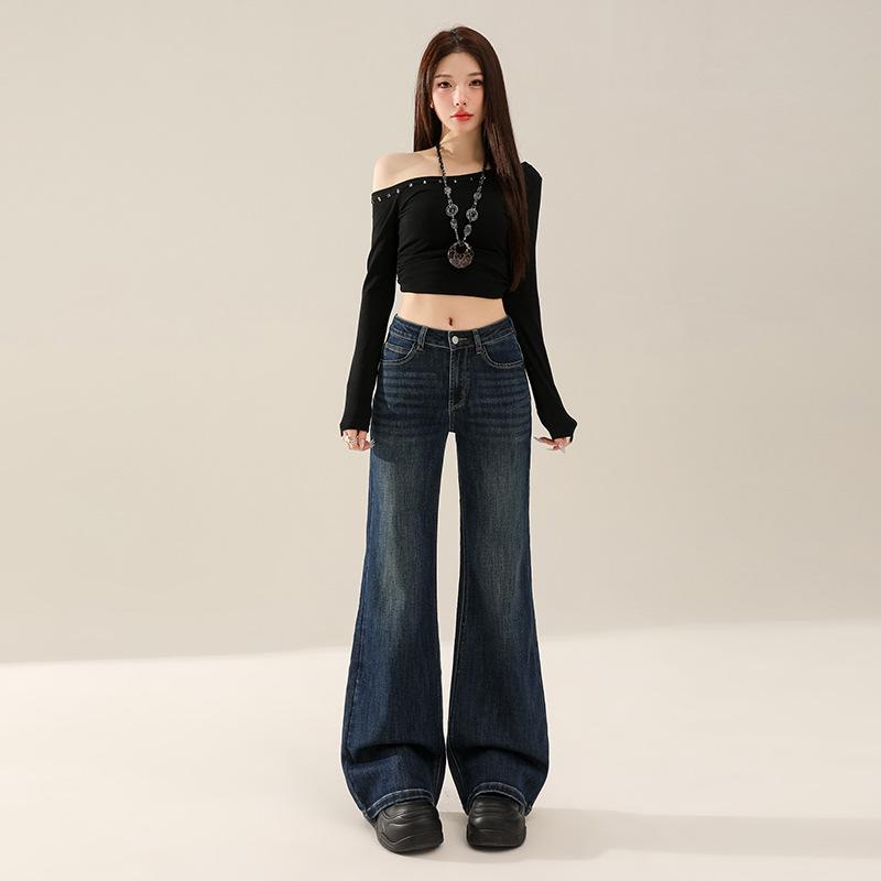 Heart-shaped pocket micro-flared jeans women's autumn new high-waisted retro thin horseshoe pants without legs