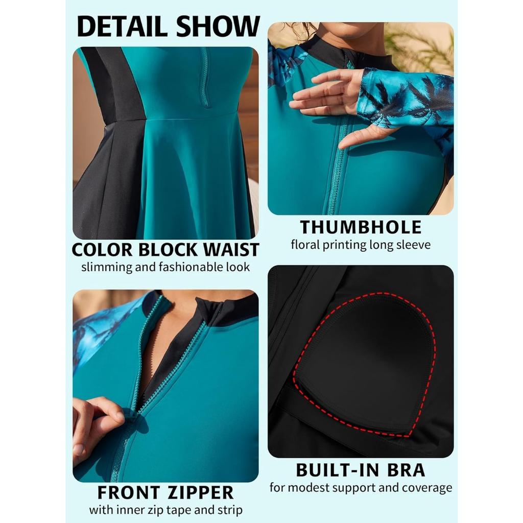 Charmleaks Скромные женские купальники из 2 предметов, платье для плавания с трусами, молния, UPF 50+, рашгард, платье с отверстиями для большого пальца