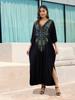 Women's Plus Size Black Kaftan Peacock Feather Embroidered Long Sleeve Beach Dress 2024 Summer Sexy Swimsuit Cover Up Cozy Robe Tunic Q1673