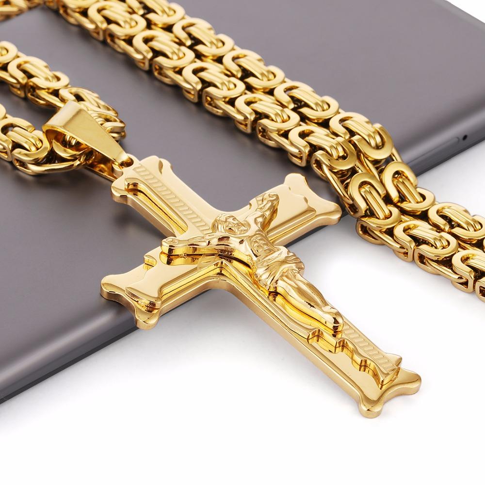 Gold Color Stainless Steel Jesus Cross Pendant Necklace 6mm Link Byzantine Chain Necklace Long Heavy Men Jewelry Collares MN68