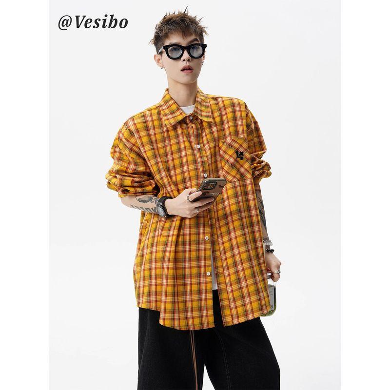 American-Style Yellow Plaid Shirt for Men, Winter High Street Trendy Brand Embroidered Long-Sleeved Shirt, Retro Plaid Couple Casual Top