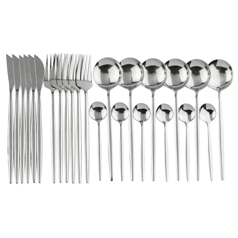 24Pcs Mirror Flatware Set Kitchen Stainless Steel Tableware Set Hotel Dinnerware Set Western Silver Cutlery Set Gift