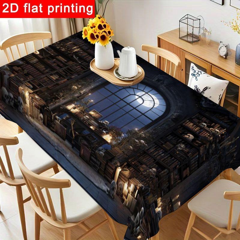1pc Gothic Tablecloth Dark Wood & Moonlit Design Suitable for Halloween Party Decorations, Reusable Round/Square Table Cover with Elegant Gothic Table