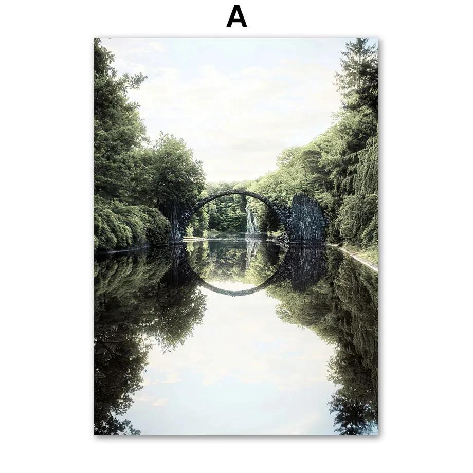 Озеро Мост Гора Лес Трава Лодка Настенное Искусство Холст Живопись Скандинавские Постеры и Принты Настенные Картины для Декора Гостиной