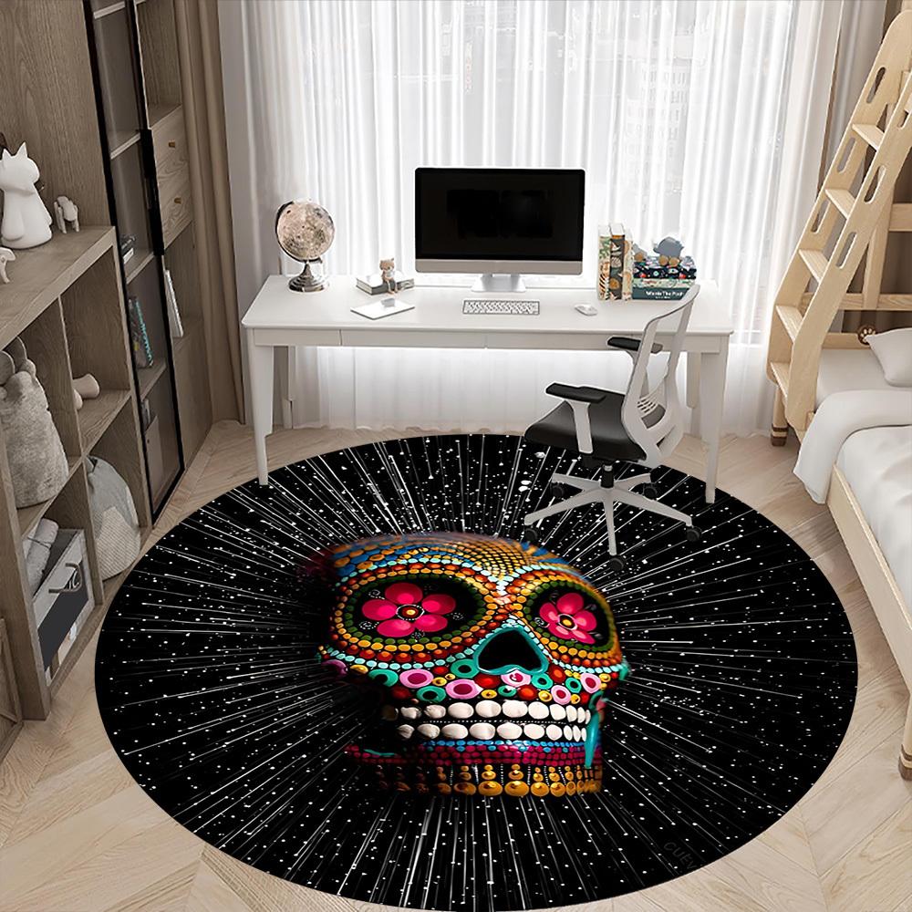 1PC Sugar Skull, Day of the Dead Office Round Area Rug,  Mat Suitable ForOffice, Under Office Chairs Bedroom Living Room Home Decor, Room Deco