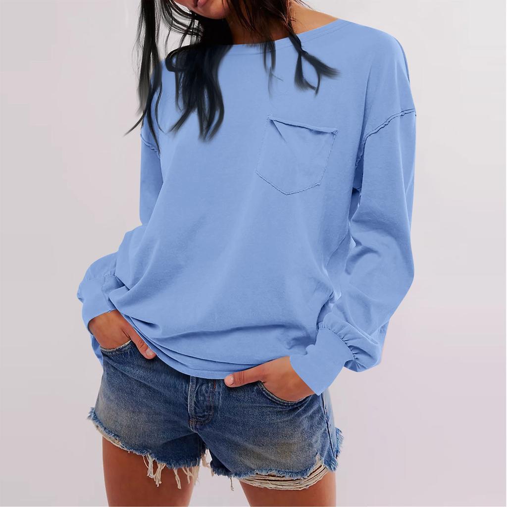 Женская модная однотонная свободная футболка с круглым вырезом и длинными рукавами и карманами
