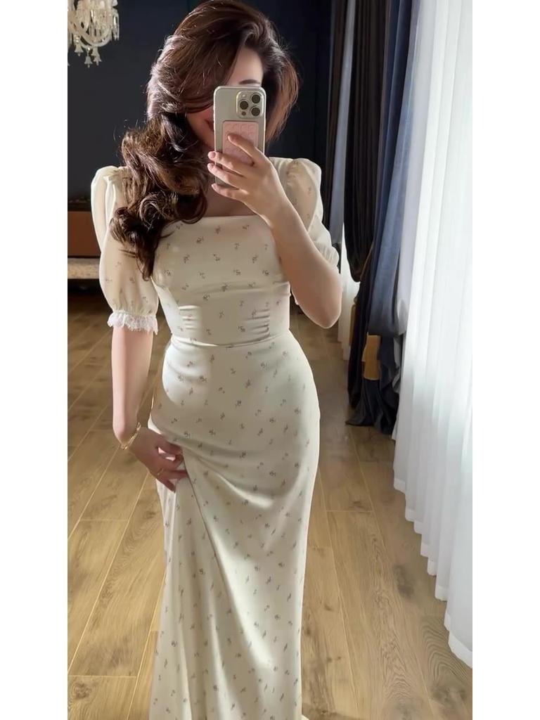 Women's European & American Lace-Up Satin Dress - Slim-Fit, Printed, Spring 2025 Style